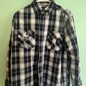 Beverly Hills Polo Club Black White Plaid Shirt with Light Blue Accents